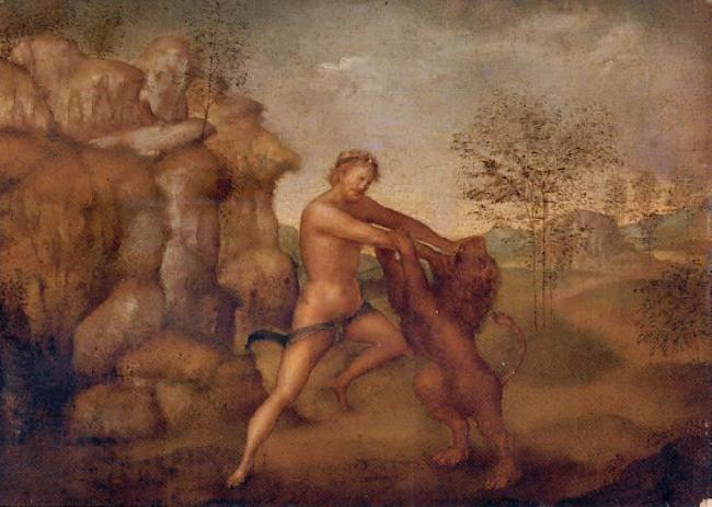 unknow artist Hercules and the Nemean Lion, oil on panel painting attributed to Jacopo Torni